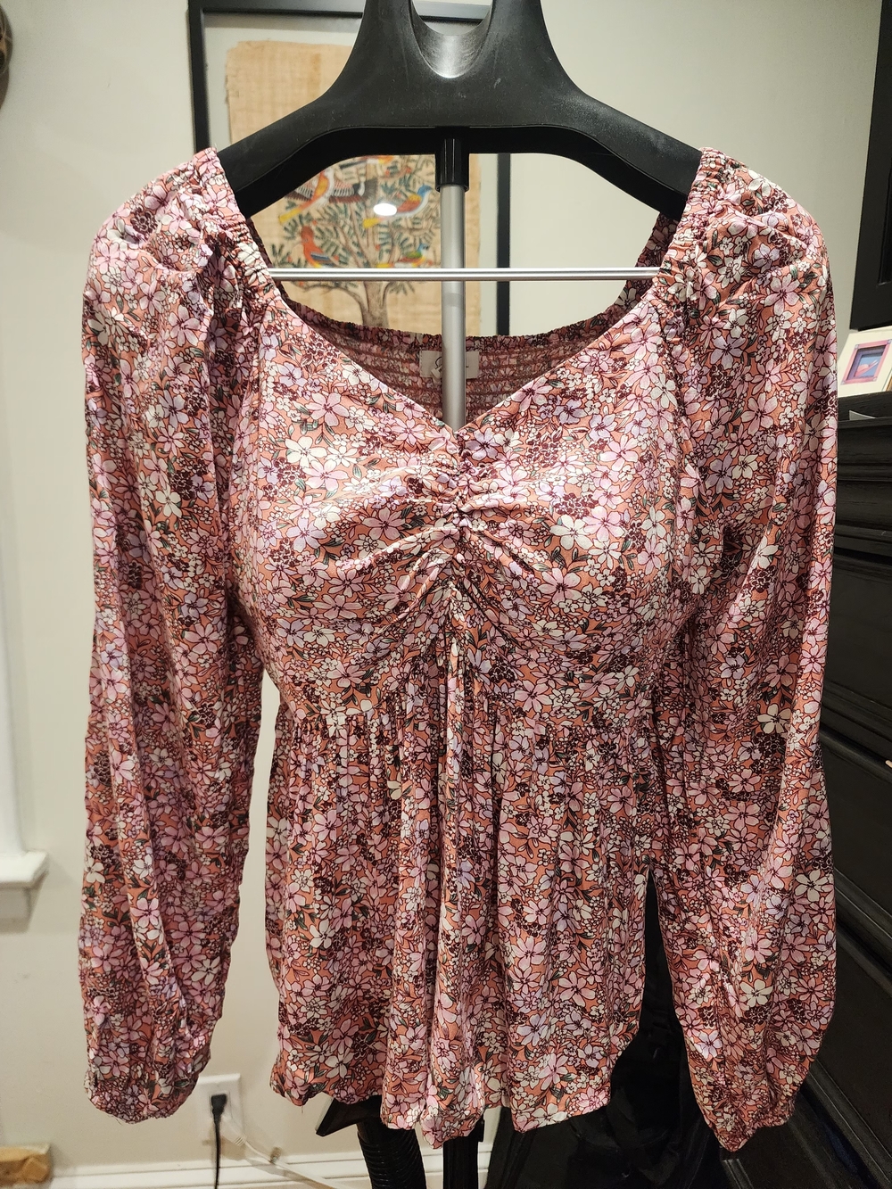 Japna Rose-Pink Floral Ruched Peasant Top